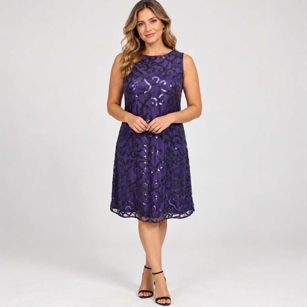 Jessica Howard Dress Purple Sequin Scroll Mesh Event Wedding Evening Party 6